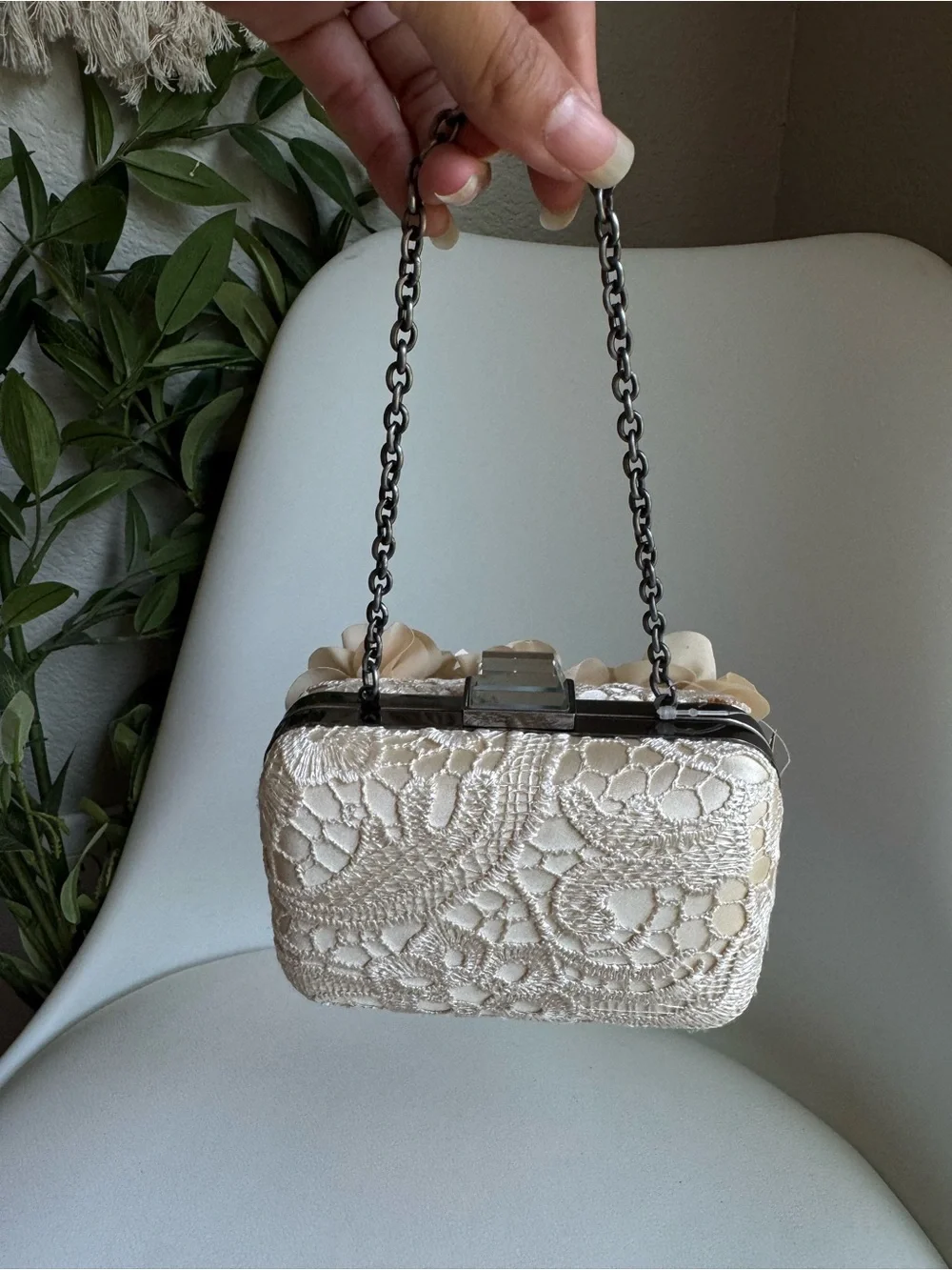 Aria by Mary Frances Ivory Floral Lace Clutch 3D Flowers Bridal Evening Bag NWT